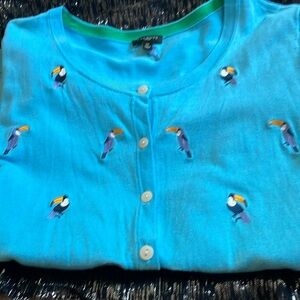 Talbots Aqua Cardi w/ Embroidered Toucans